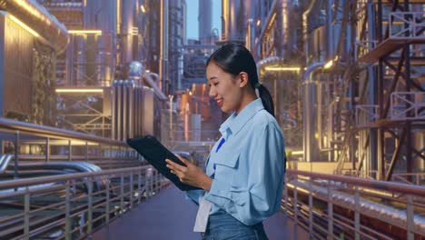 side view of an asian female professional worker standing with her tablet at a vast oil refinery, checking on her tablet with meditation