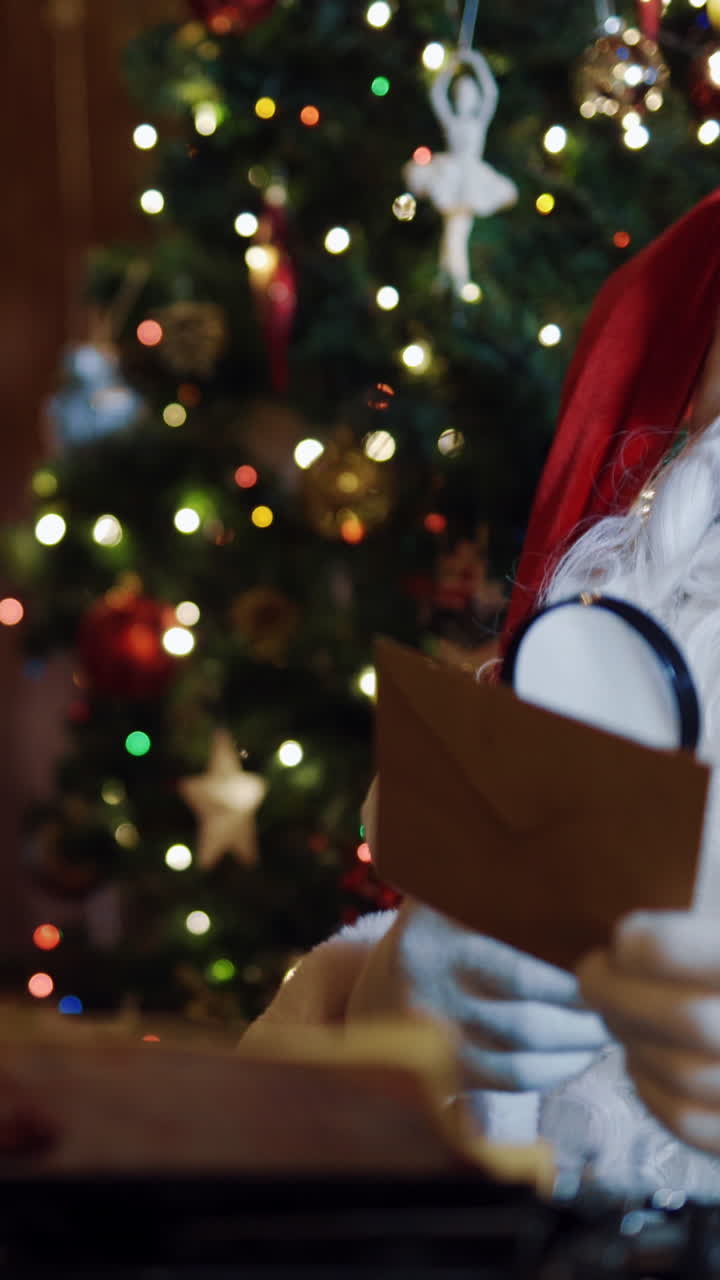 Santa Claus is looking on envelope through the magnifying glass. Christmas tree background and Santa with white beard is reading the address on the envelope. Christmas time. Vertical video