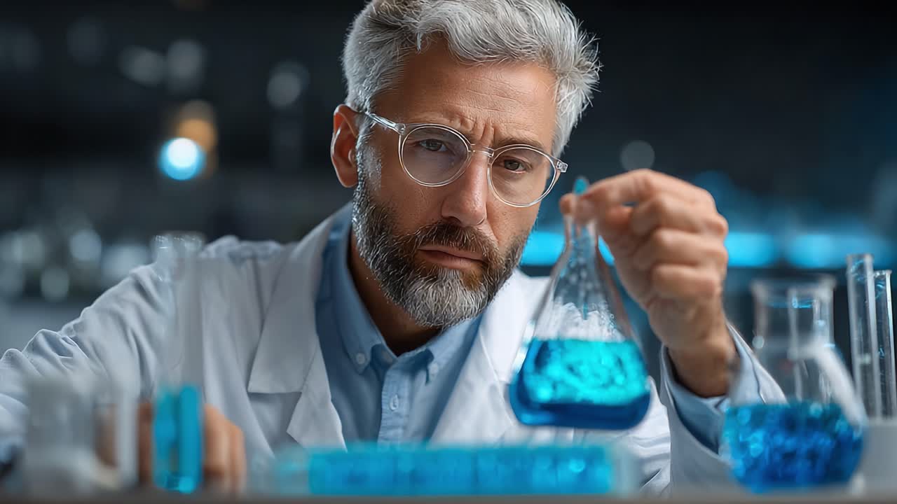 A focused scientist carefully examining a flask filled with vibrant blue liquid, showcasing the essence of meticulous research in a laboratory setting amidst various glassware