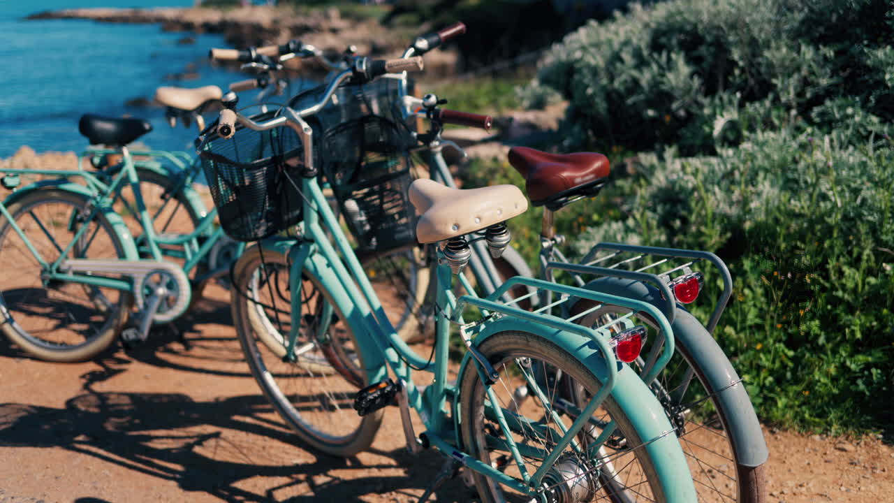 Close up of blue bicycles parked near the beach
