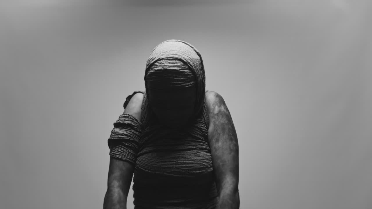 A mummified woman against the bright background moves erratically