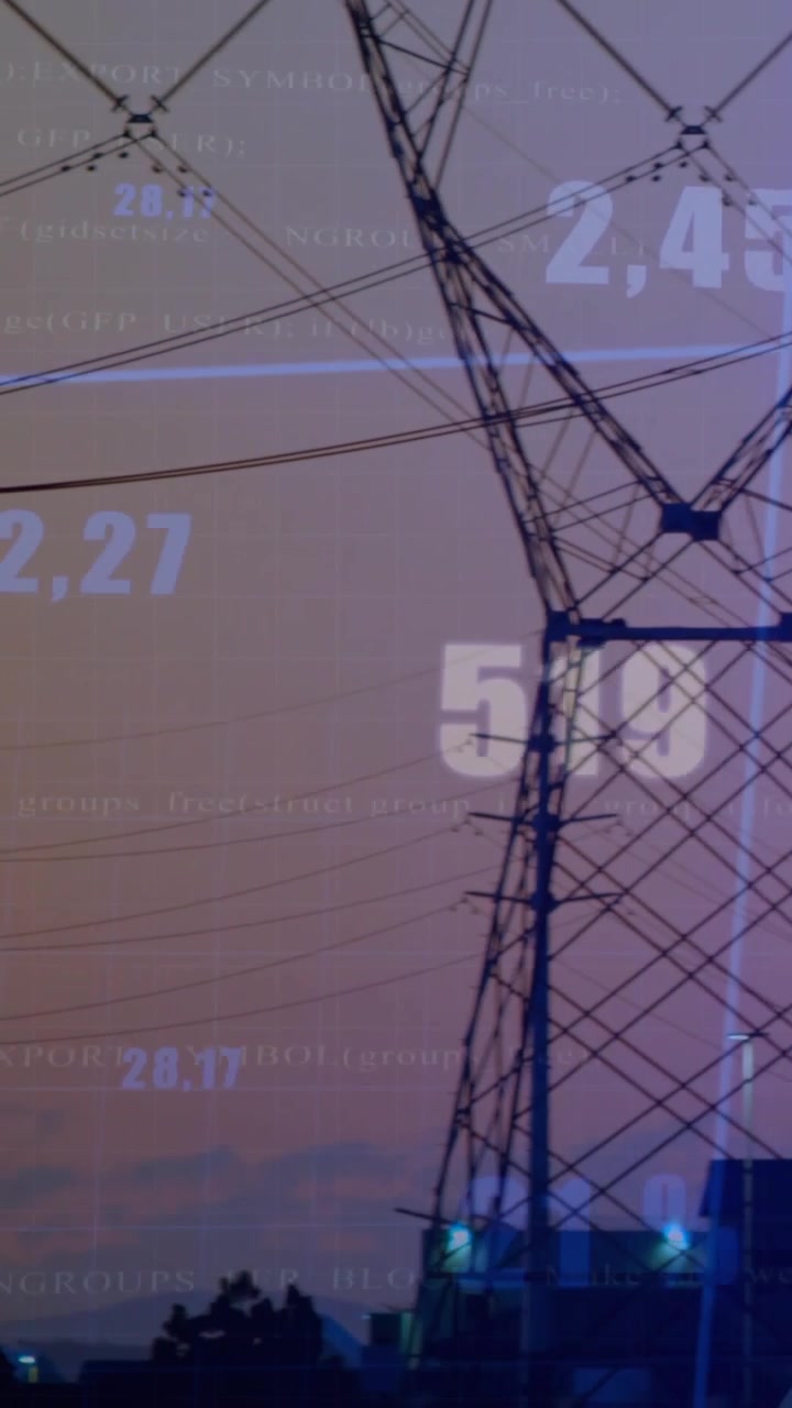 Video vertical: En pantalla, gráfico que se desplaza mientras una torre crece mostrando tendencias de potencia.