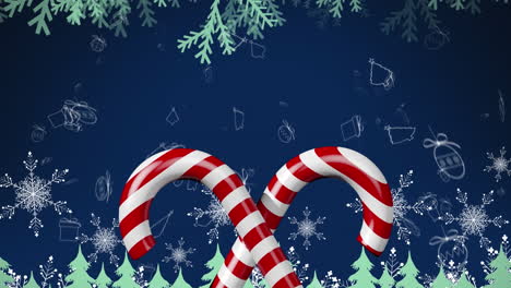 animation of candy canes over christmas scenery on blue background