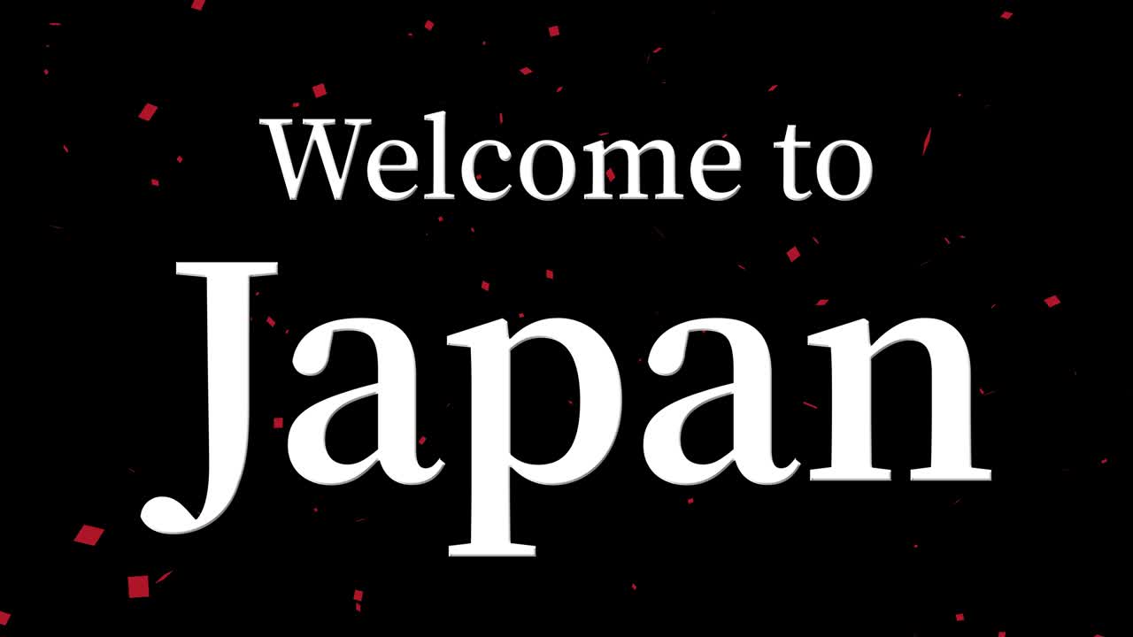 Grafis gerak animasi teks dengan pesan 'Selamat Datang di Jepang'.