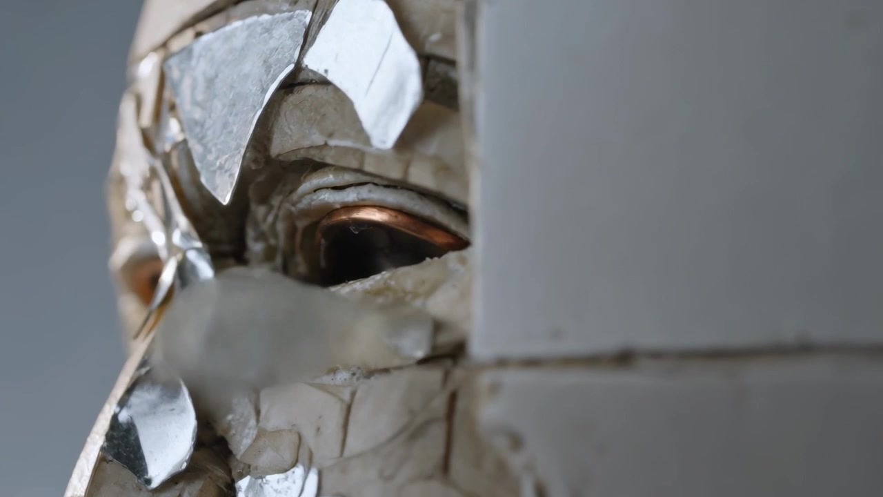 Camera tightening, sculpted head left-profile in studio exposing copper wiring and mirror fragments