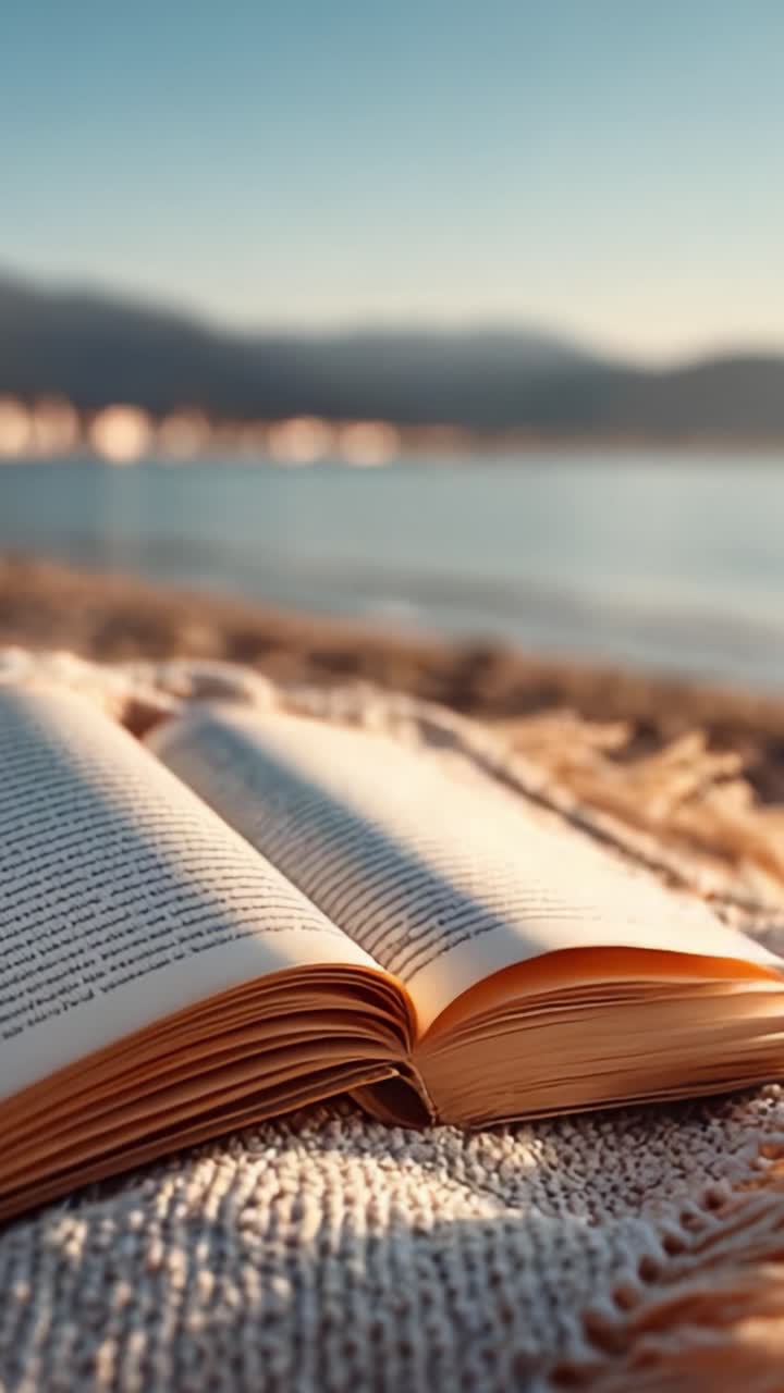 Un'esperienza di lettura serena in spiaggia catturata: abbraccia la tranquillità di una giornata di sole con un libro aperto su una coperta accogliente in riva al mare