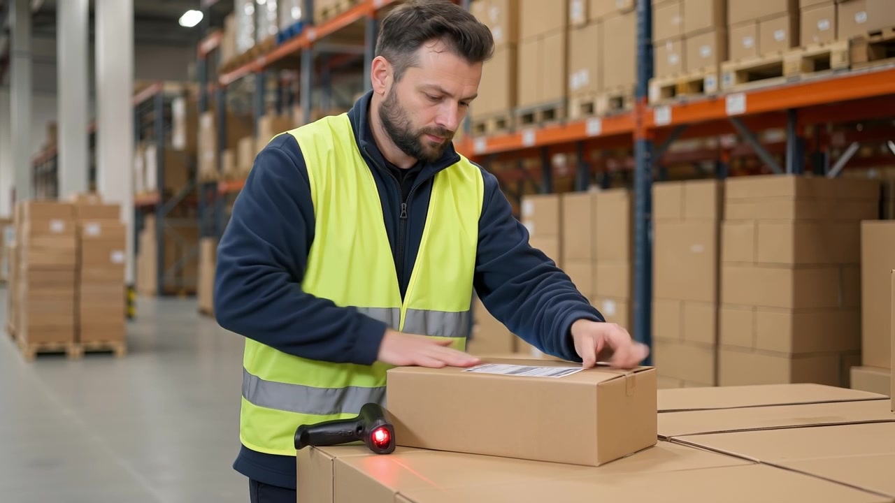 Lagerarbejder scanner en papkasse med en håndholdt stregkodescanner på et lager