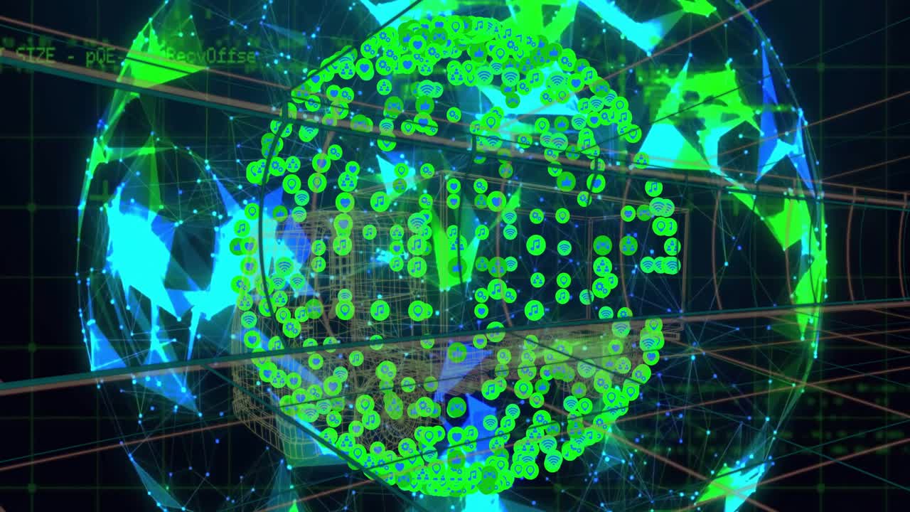 Globo 3D em wireframe girando, nós flutuando e se agrupando para formar as letras GITHUB, fragmentando-se em nós