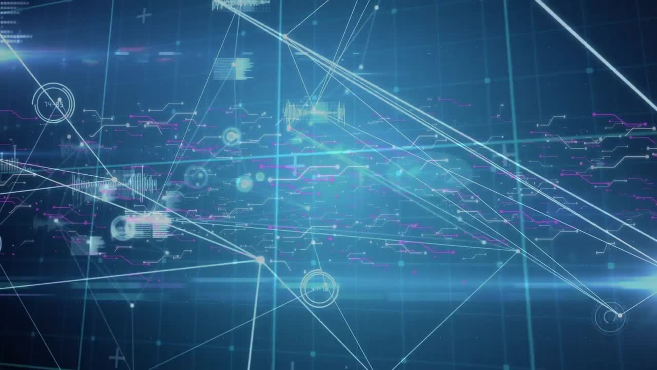 Animation of network of connections and data processing, on blue