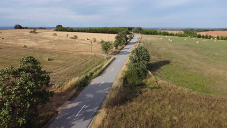 car coming to the camera, street in the middle of the countryside, fields