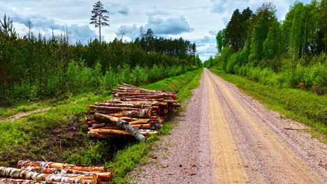 logs piled by dirt road in green forest under cloudy sky, captured in spring or summer