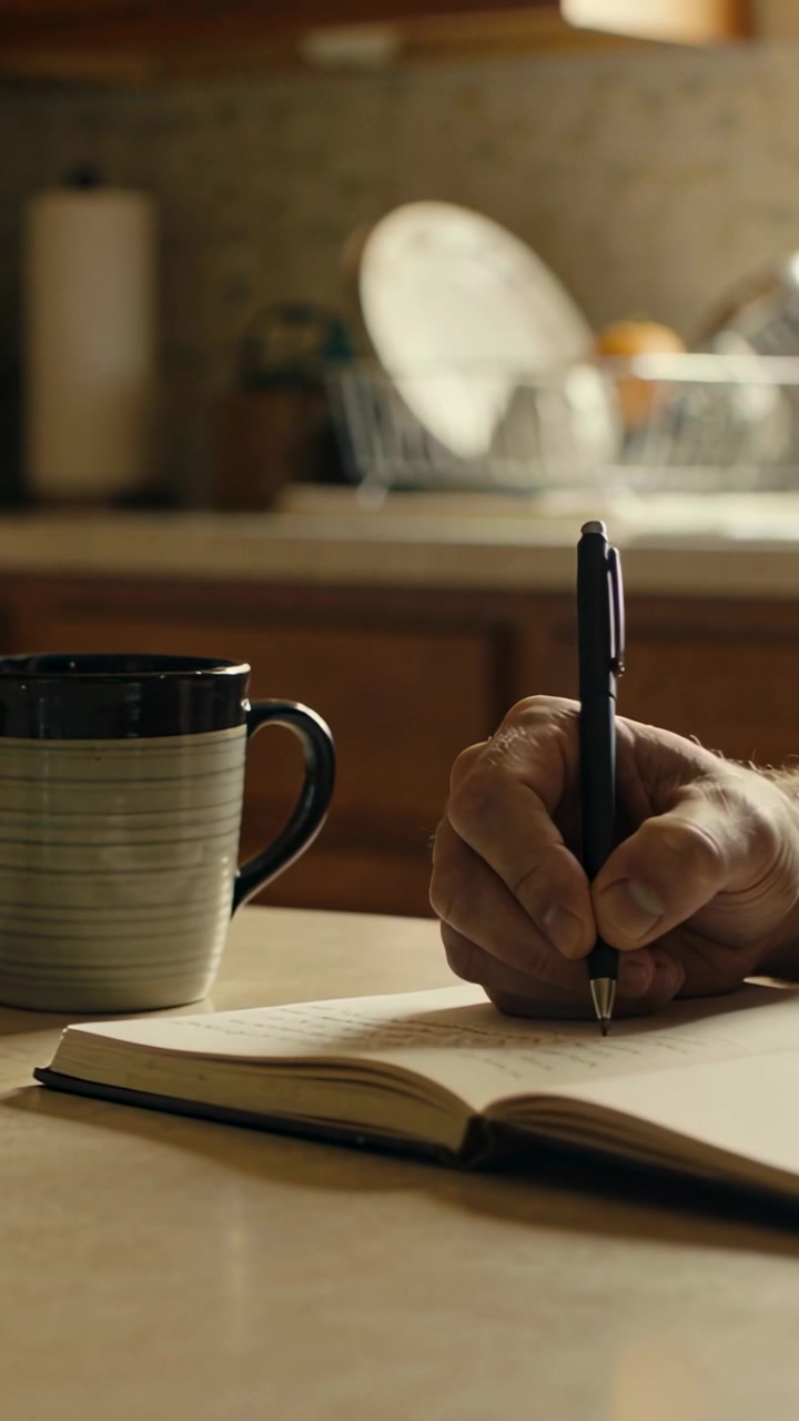 Video verticale: Mano destra scrive su un quaderno in cucina, con la penna pronta accanto a una tazza.