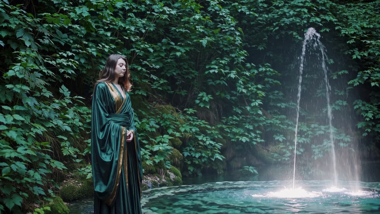 Young woman wearing an elegant green dress is meditating near a small fountain in a forest, surrounded by lush vegetation, creating a serene and mystical atmosphere