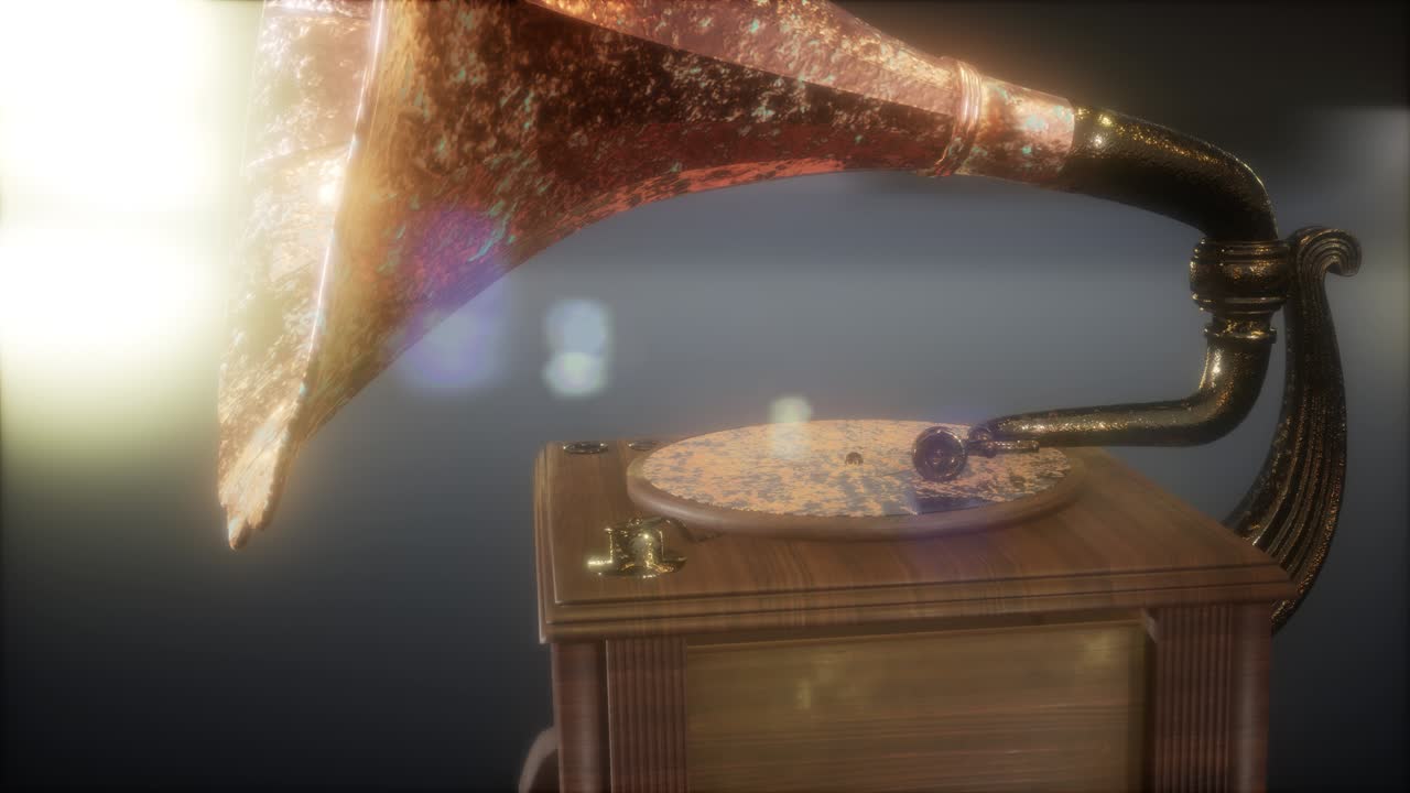 레트로 테크놀로지로 어두운 곳에서 빈티지 그라모폰을 연주합니다.