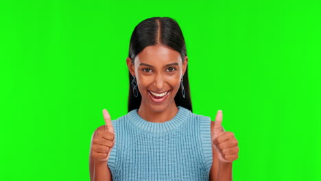 Face,-green-screen-and-Indian-woman-with-thumbs