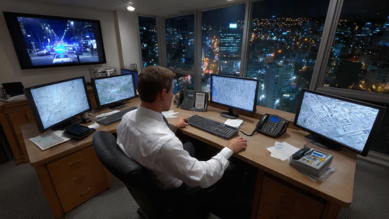 Un individuo concentrato che analizza più monitor in un ufficio moderno, circondato dalle luci notturne della città e dalla mappatura digitale, a riflettere concentrazione e consapevolezza.