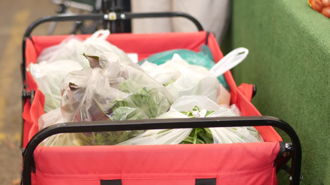 빨간색 쇼핑 카트 에 담긴 신선 한 농산물