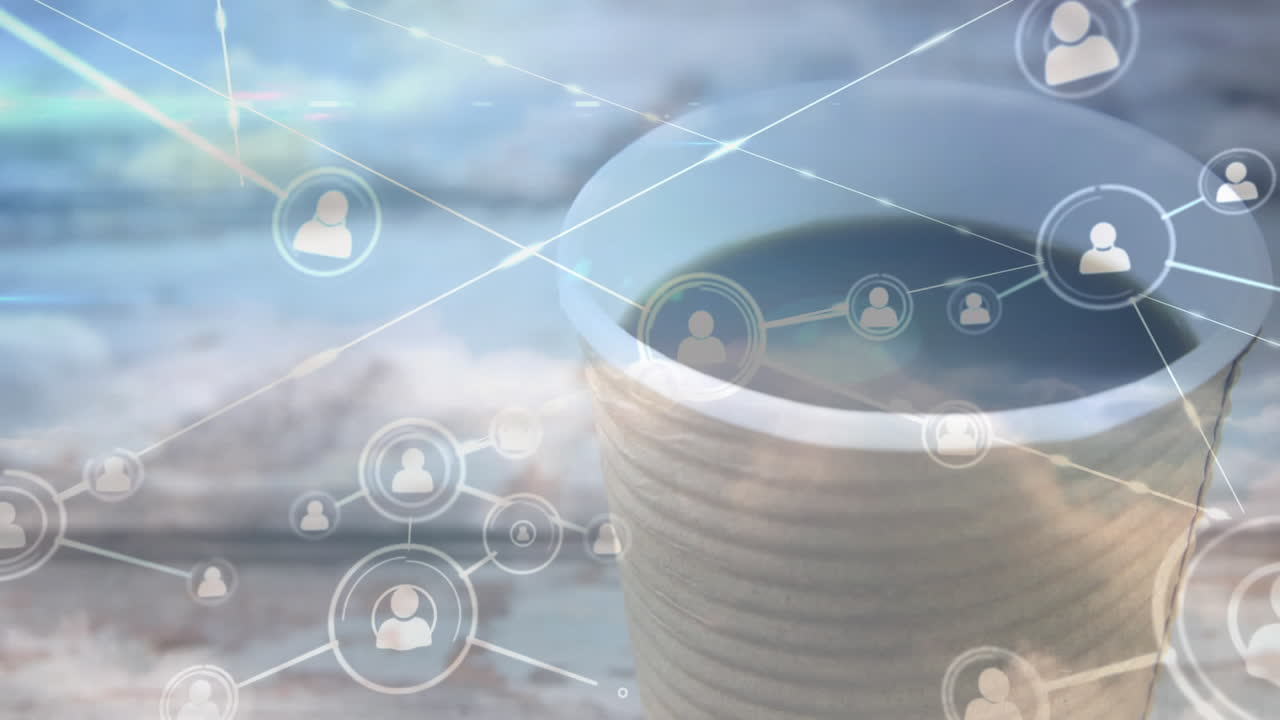 커피 컵 위에 연결 네트워크와 아이콘의 애니메이션