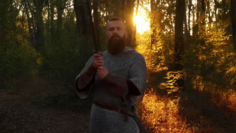 bearded warrior in chainmail with sword in forest at sunset