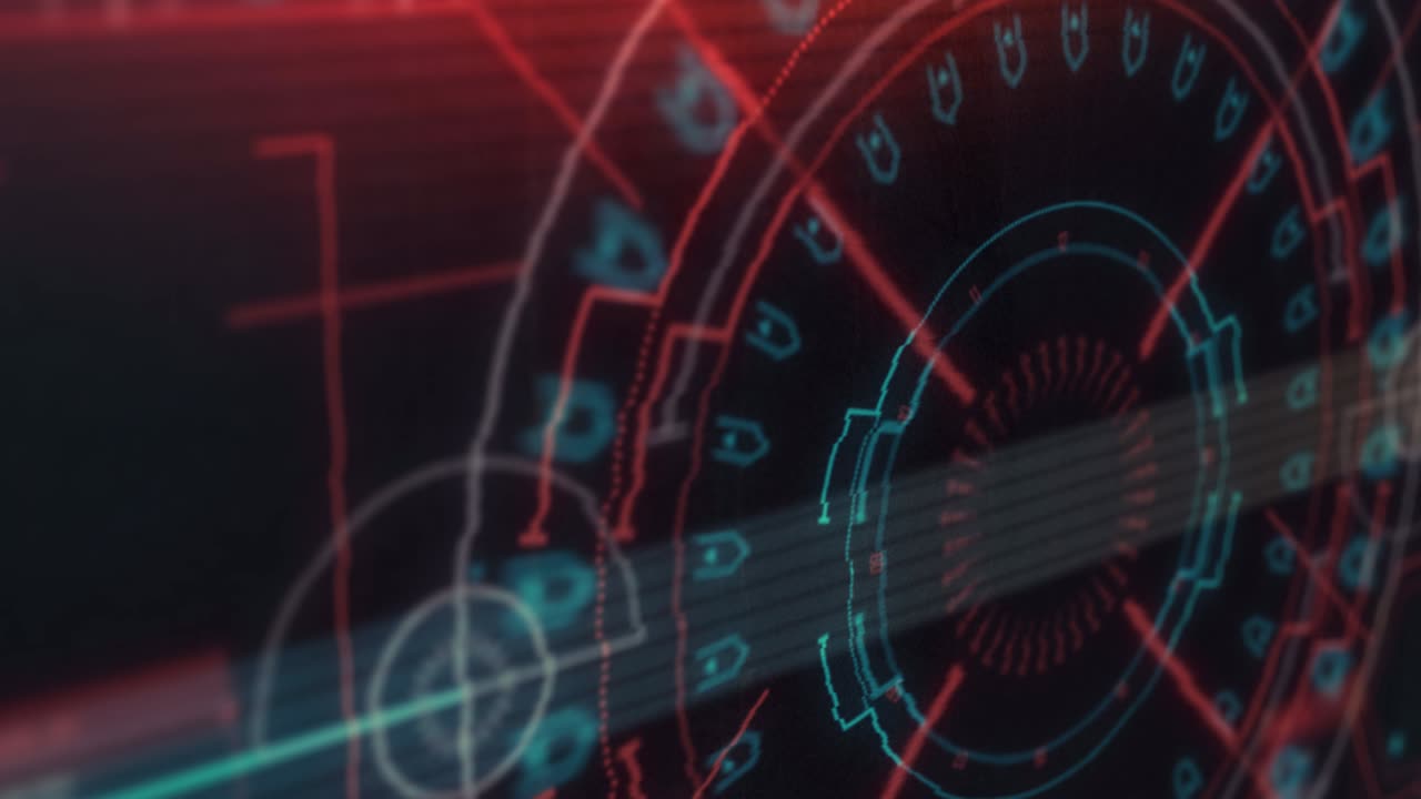 animación digital de rastros de luz y efecto de falla contra el escáner de neón redondo sobre fondo negro