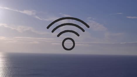 animation of wifi digital icon floating over sea and sky