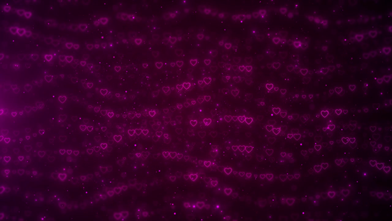 Purple floating hearts love background glowing pink outlines particles romantic dark atmosphere