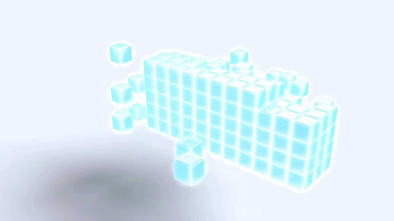 Abstract cyan cubes drift through a bright white background, forming a soft luminous cluster with clean futuristic lighting, depth, and airy motion
