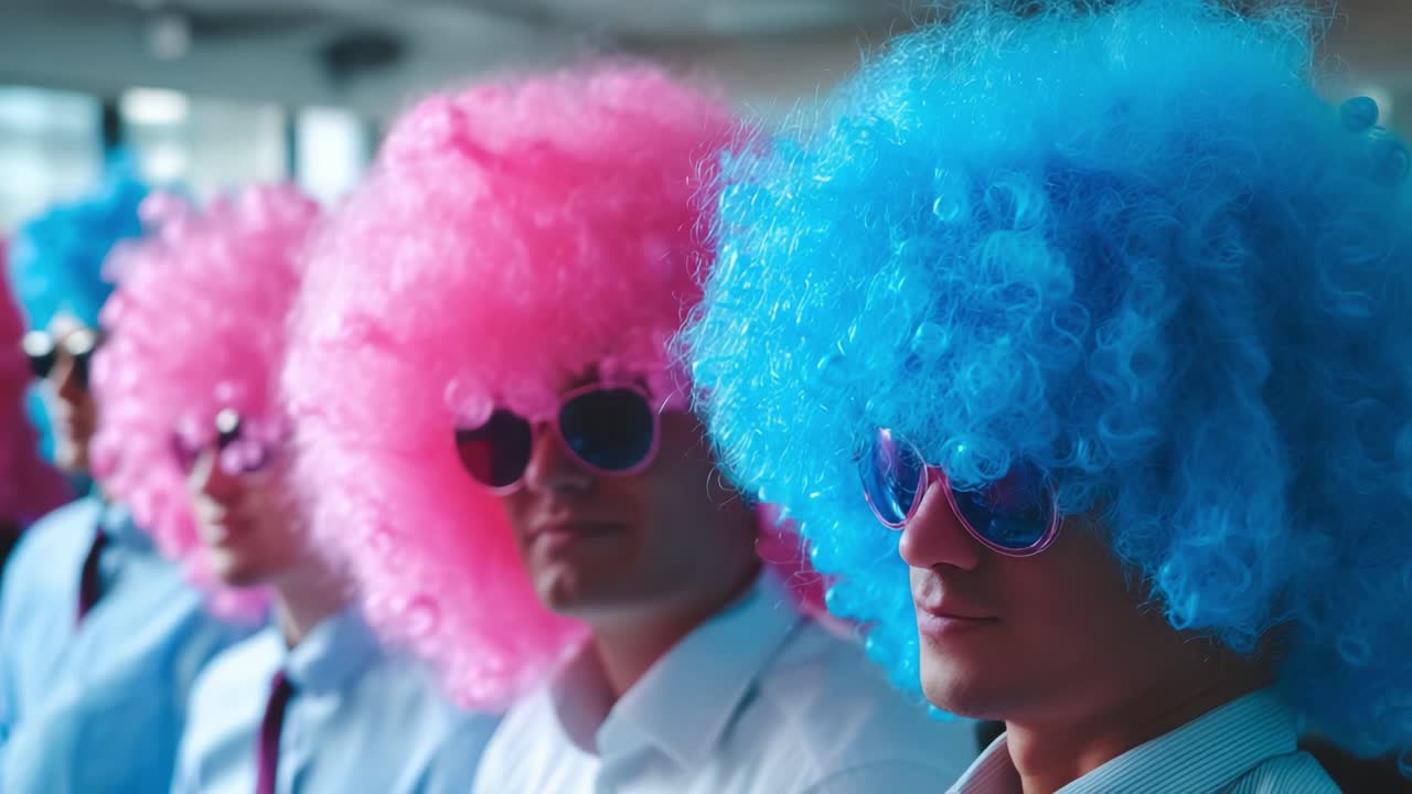 Una festa divertente catturata: un gruppo di amici con grandi parrucche colorate si divertono, sfoggiando acconciature rosa e blu con eleganti occhiali da sole in un'atmosfera vivace
