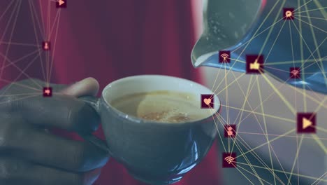 animación de la red de conexiones sobre persona afroamericana haciendo café