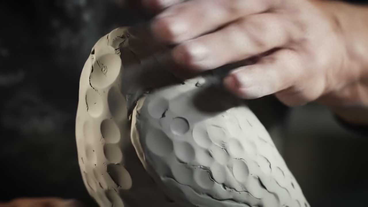 Crafting a Unique Clay Sculpture: The Artistic Process of Shaping and Refining a Textured Clay Object with Skilled Hands