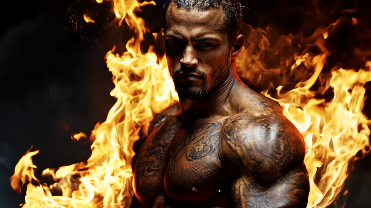 A man with tattoos on his arms stands in front of a fire. The fire is orange and yellow, and it seems to be surrounding the man. The man's body is muscular and well-defined
