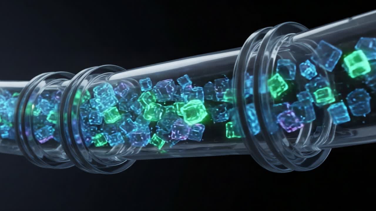 Vividly Illuminated Crystals Flowing Through Transparent Tubing: A Dynamic Showcase of Light, Color, and Form in a Futuristic Environment