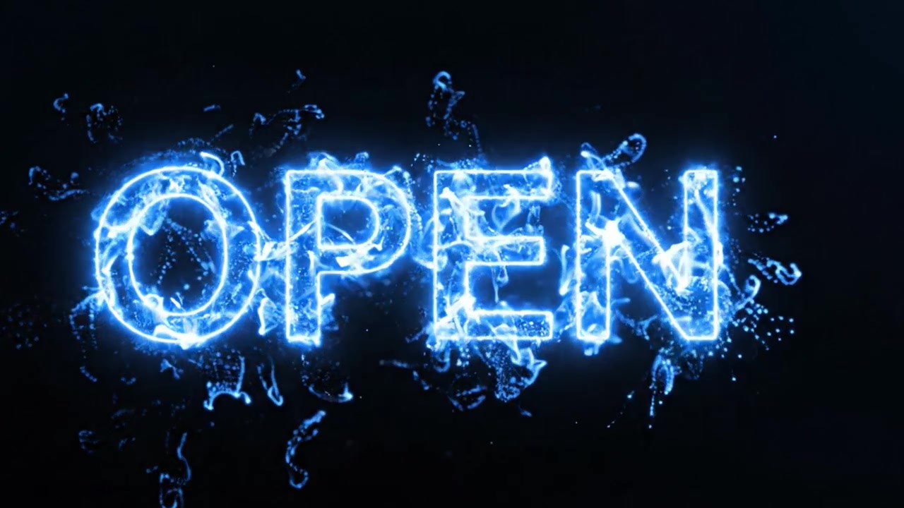 A Stunning Visual Journey: An Enigmatic Transition from Darkness to Illuminated Text as an Inviting Message Declares 'OPEN' in a Captivating Blue Hue