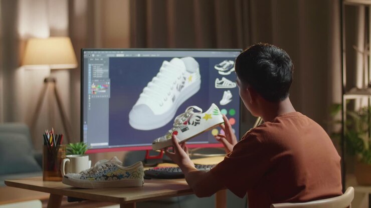 Designer che lavora al design di scarpe a casa