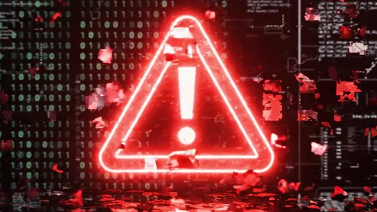 Digital Alert: A Vivid Red Warning Sign Against a Dark Background of Binary Code and Abstract Data, Highlighting Urgency and Potential Threats in Cybersecurity.