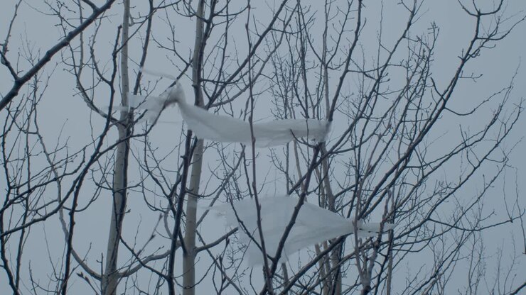 Plastic bags attached on trees and waving in the wind in America - Close up