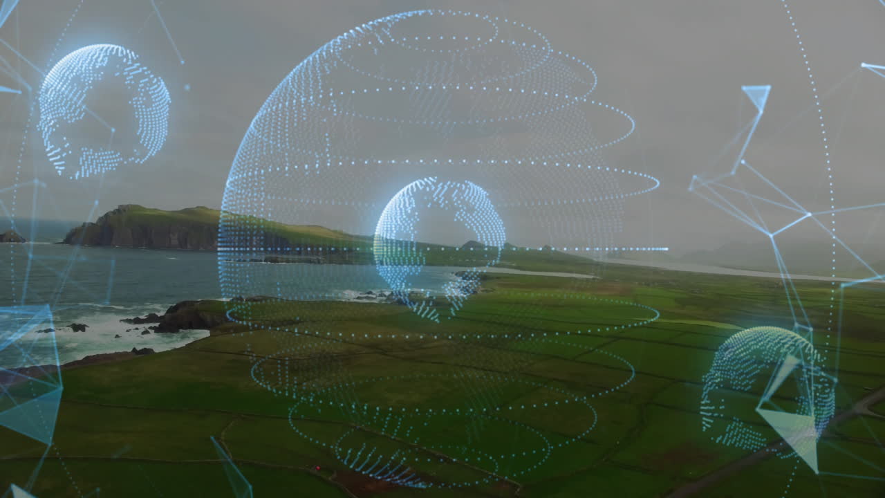 해가 지는 해안 풍경에서 디지털 글로브와 네트워크 연결을 애니메이션화합니다.