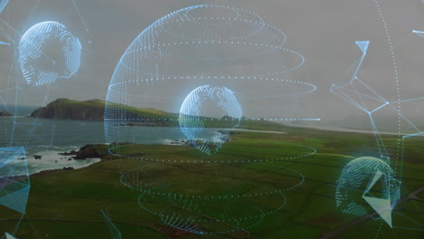 Animating digital globe and network connections over coastal landscape at sunset