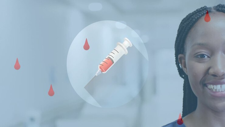 Animation of blood drops and syringe over african american female doctor in hospital