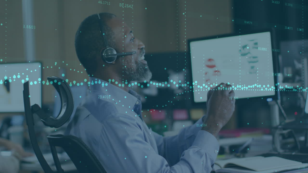 Animation of graphs, numbers, african american customer service representative talking on headphone