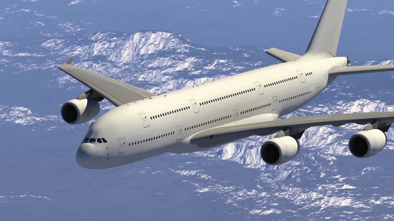 White unbranded Airbus A380 passenger airplane in flight over mountains, animation