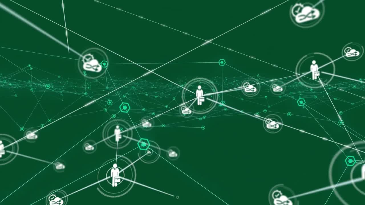 Animation of network of connections with digital icons on green background