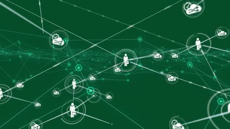 animation of network of connections with digital icons on green background