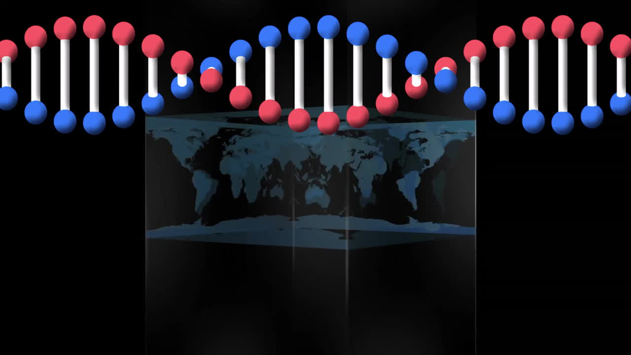 Animating DNA strand over world map on black background in video clip