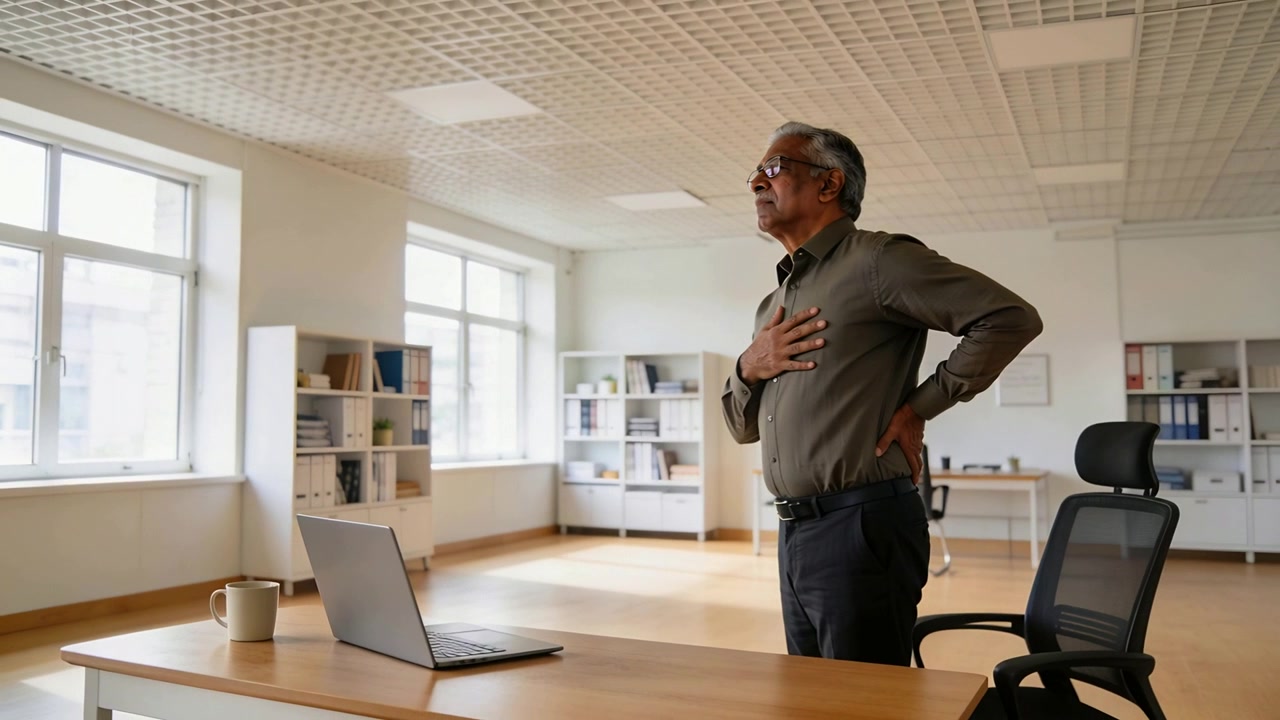 Feeling ache, shirted man rising at office desk, pressing chest holding back with laptop