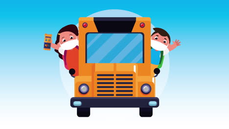 little students kids wearing medical masks in bus characters