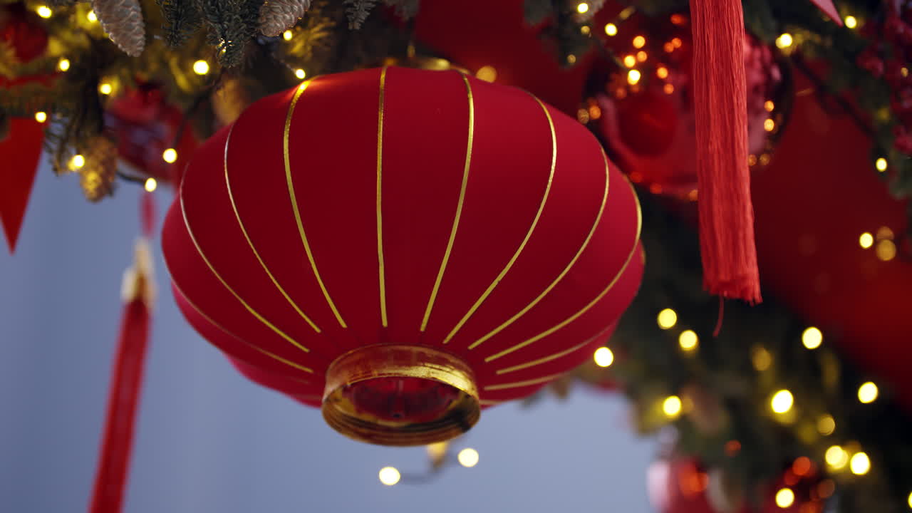 Red Chinese Lantern Decorated with Christmas Ornaments