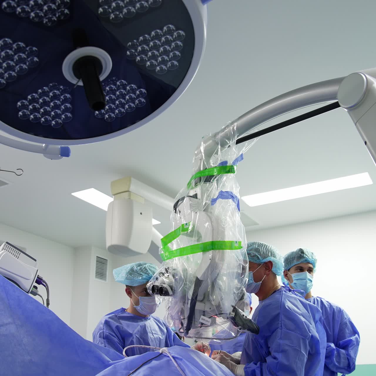 Team of surgeons using powerful microscope in surgery. Modern surgery room with advanced equipment