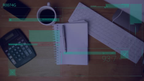 animation of digital data processing over calculator and computer on desk