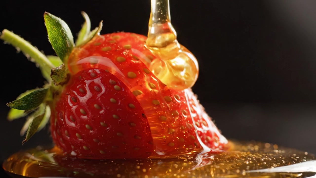 Un Primo Piano da Acquolina in Bocca di Fragole Succose Immerse nel Miele Dorato, Che Cattura la Perfetta Combinazione di Dolcezza e Freschezza ad Ogni Morso